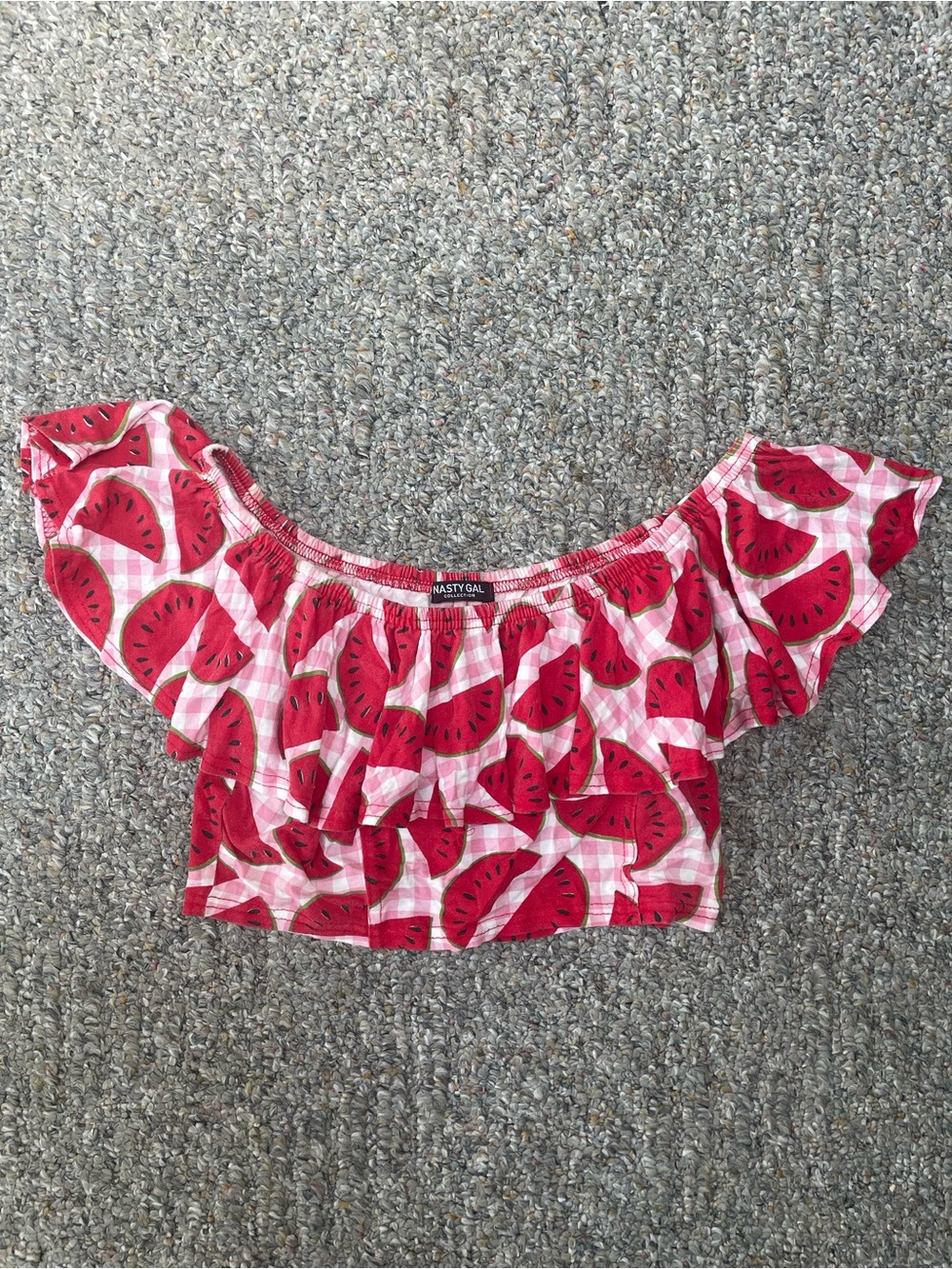 NASTY GAL Red Watermelon Print Off-Shoulder Crop Top